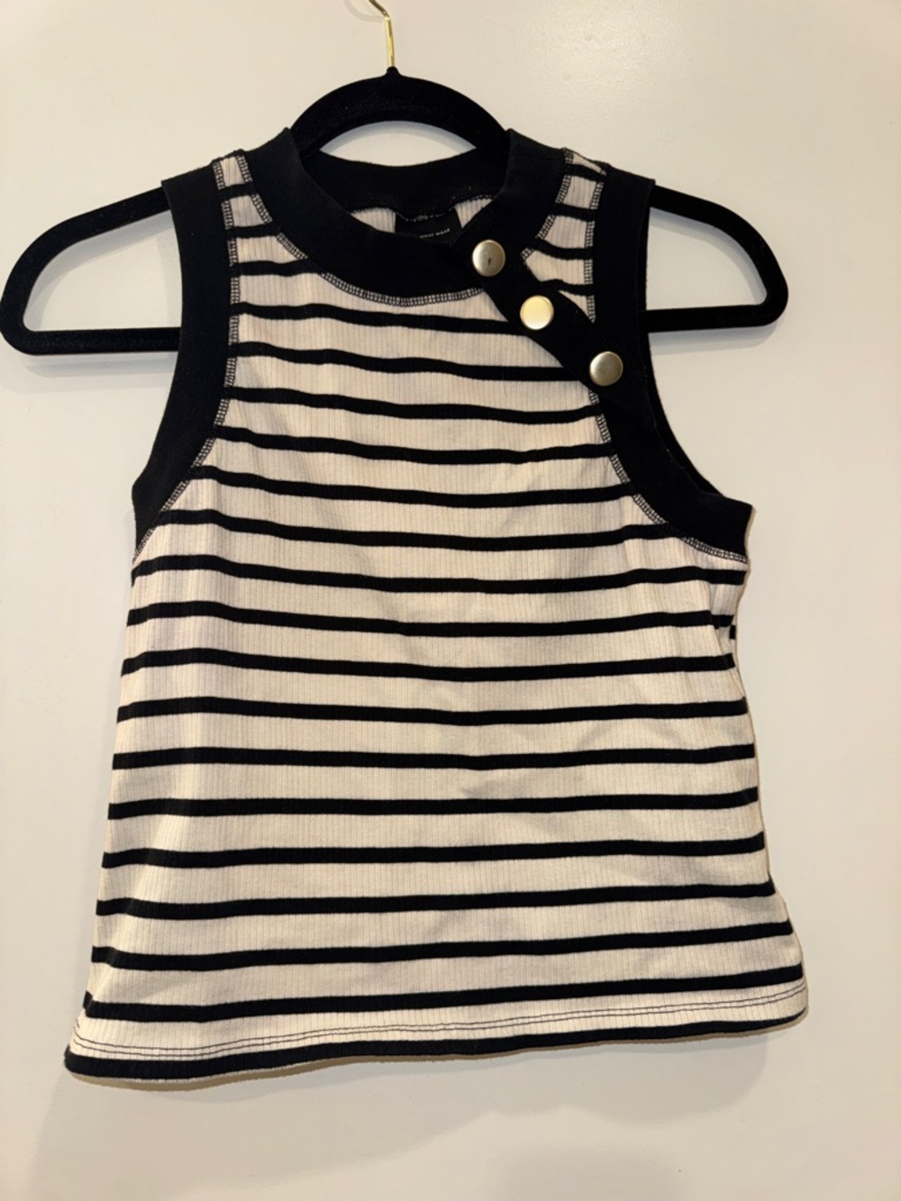 Who What Wear Black & White Striped Sleeveless Tank with Gold Buttons